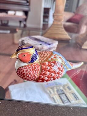 Hand-Painted Decorative Porcelein Bird Figurine in Red, Blue and Gold